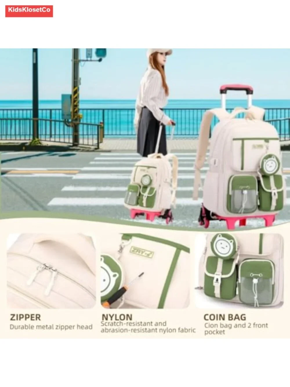 Kids Rolling Backpack Wheeled School Bag with 2 Wheels, Nylon, Adjustable Straps